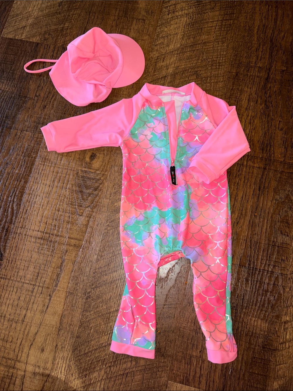 Kids Pink Mermaid Print Rash Guard Swimsuit with Sun Hat - 6-12 Months